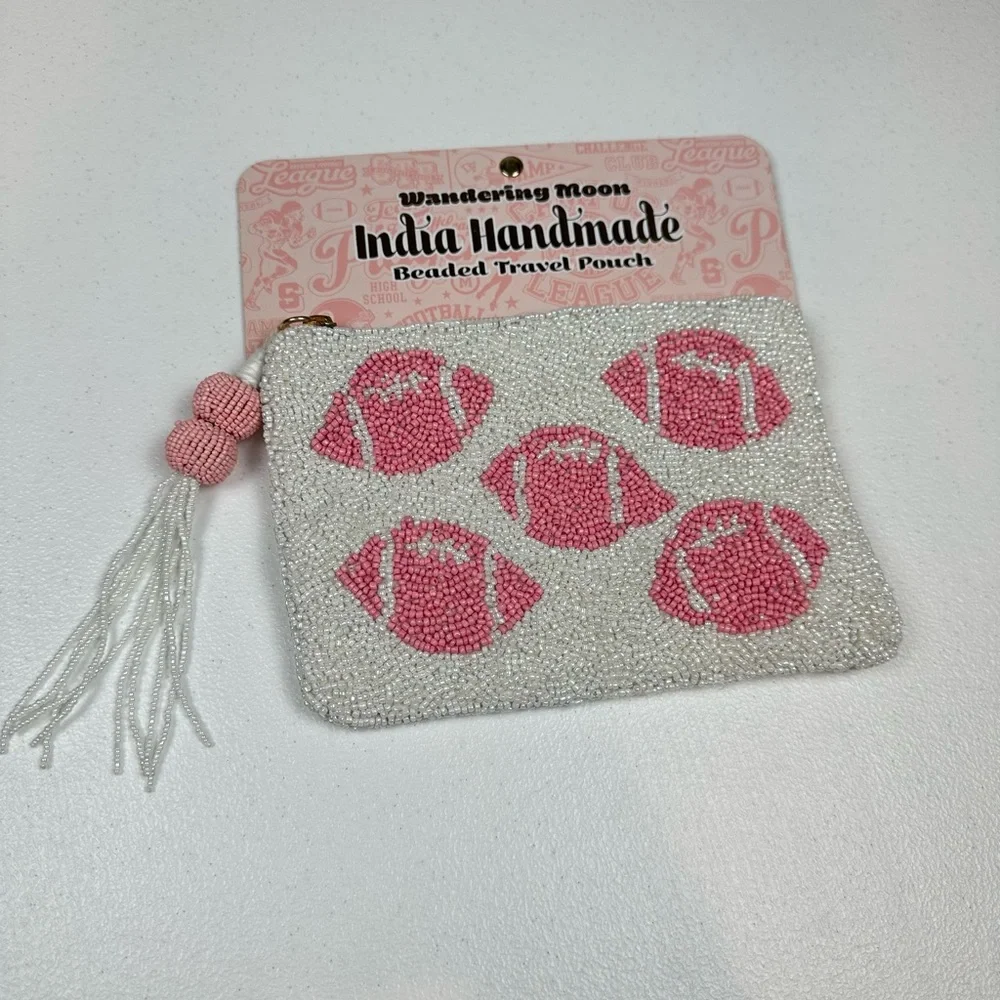 India Handmade in Wandering Moon Beaded Pouch Bag‎ Football White/Pink Game Day
